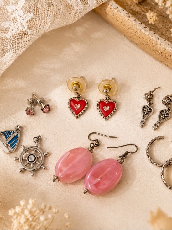 Jewelry - Vintage Mixed Earrings Lot – Hearts, Pink Dangles, Sailboat, Key & More | 7 Pair